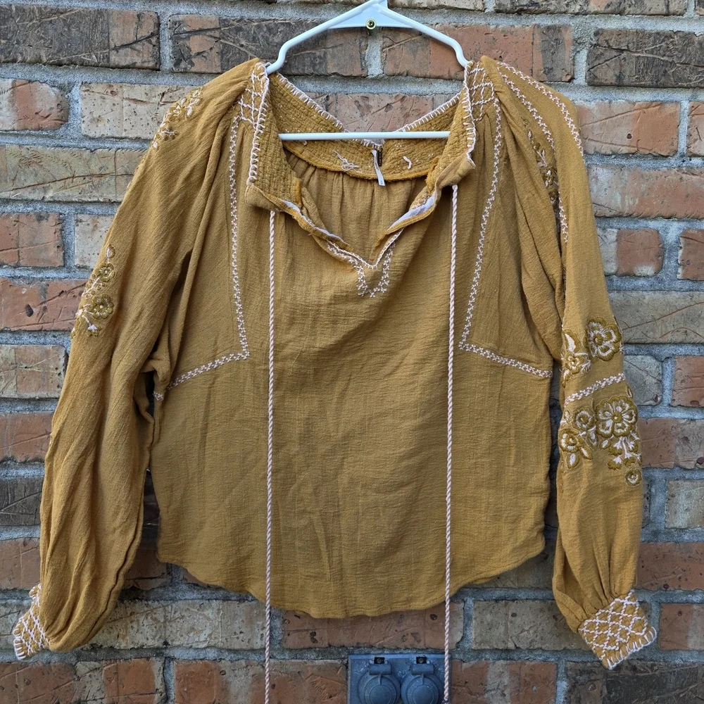 Free People Mustard Embroidered Blouse